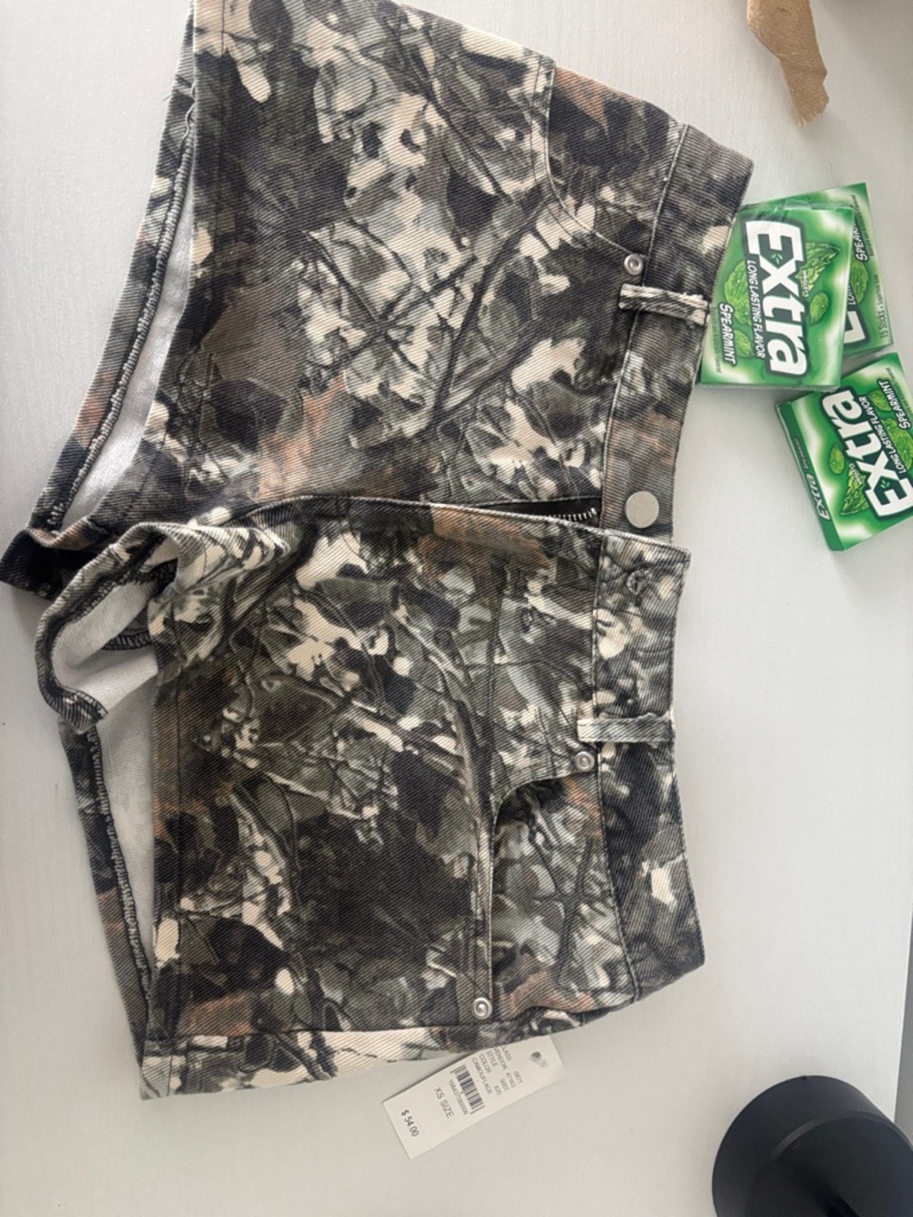 PacSun Women's Camo Print Denim Shorts in Green, Brown, Black